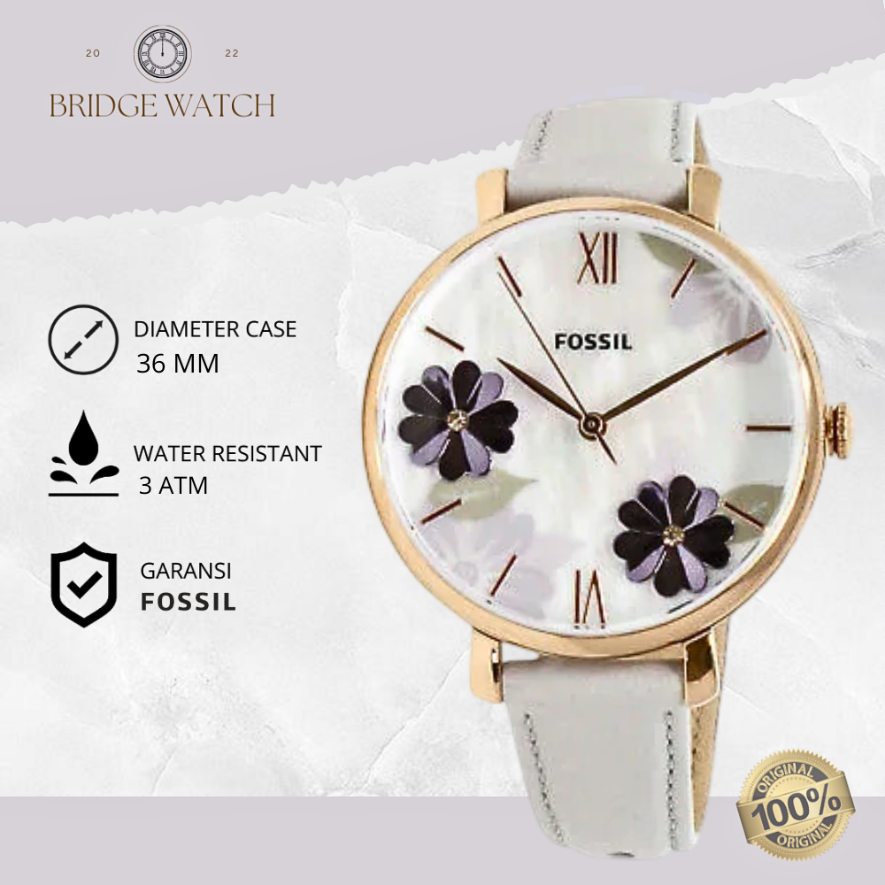 Jam Tangan Wanita Fossil Jacqueline ES4672 Original Analog Floral Grey Leather Strap Kulit Cewek Lux