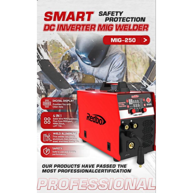 Mesin Las Mig 250A CO CO2 REDBO MIG 250 220V 1 Phase 3 In 1 Mig MMA Tig (15Kg)