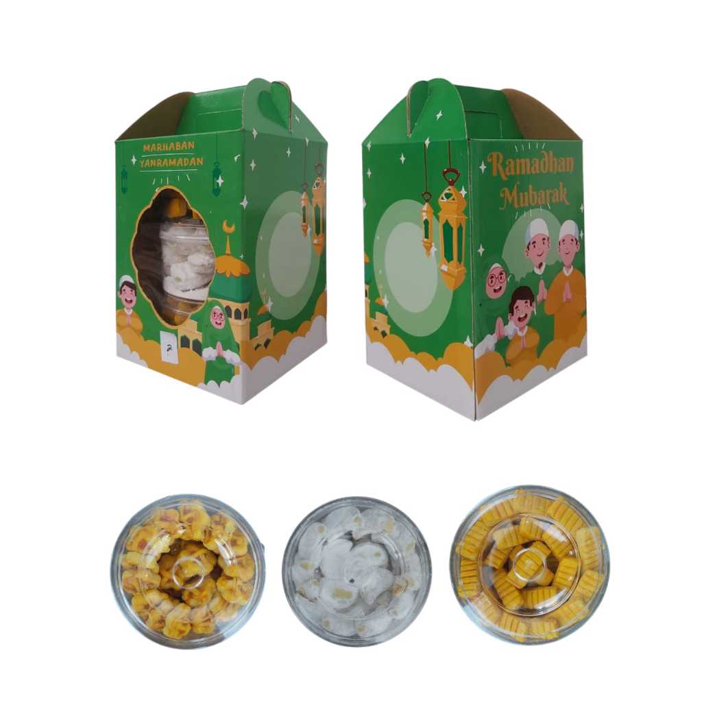 

Paket Parsel Hampers Lebaran Nastar , Putri Salju , Keju isi 3 Toples + Dus