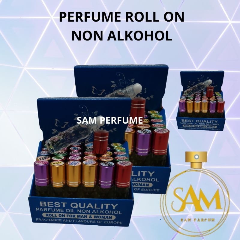 parfum roll on non alkohol 7ml unisex 1 box 30 aroma bonus dus tatakan parfum