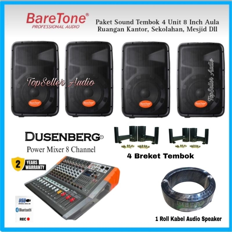 Paket Sound System Speaker BareTone 4 Unit Speaker 8 Inch Power Mixer Dusenberg 8 Channel Meeting Un