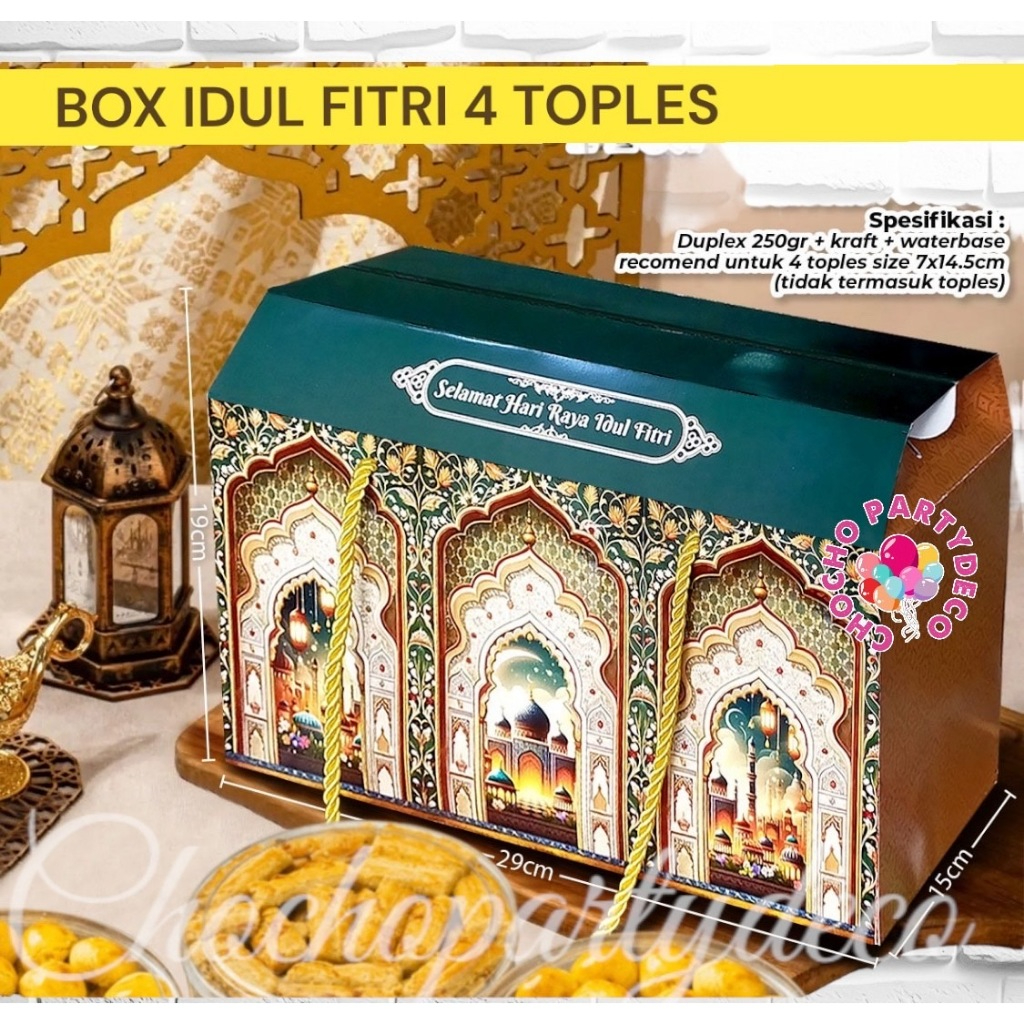 

Box Idul Fitri 4 TOPLES Lebaran / Kotak Kue Lebaran / Parcel Idul Fitri / Hampers Lebaran ukuran 29x15x14 cm