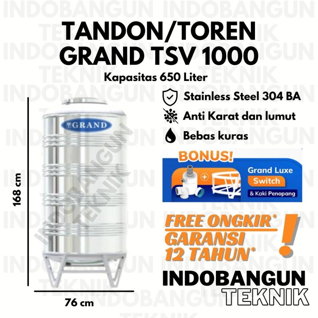 Tandon Toren Tangki Air Stainless TSV 1000 (650 600 Liter) Tedmond Grand Anti Lumut Garansi 12 Tahun