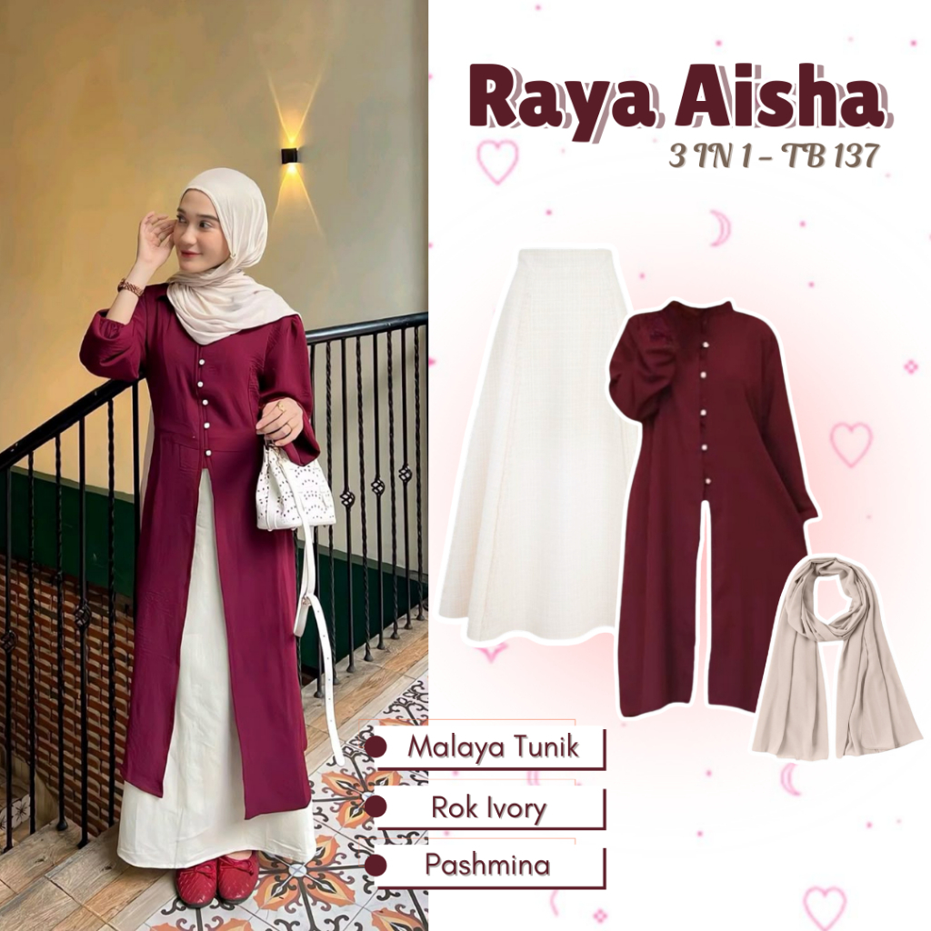 Inspirasi Outfit Hari Raya Aisha Series 3 IN 1 Atasan Malaya Tunik Rok Ivory dan Pashmina OOTD Hijab