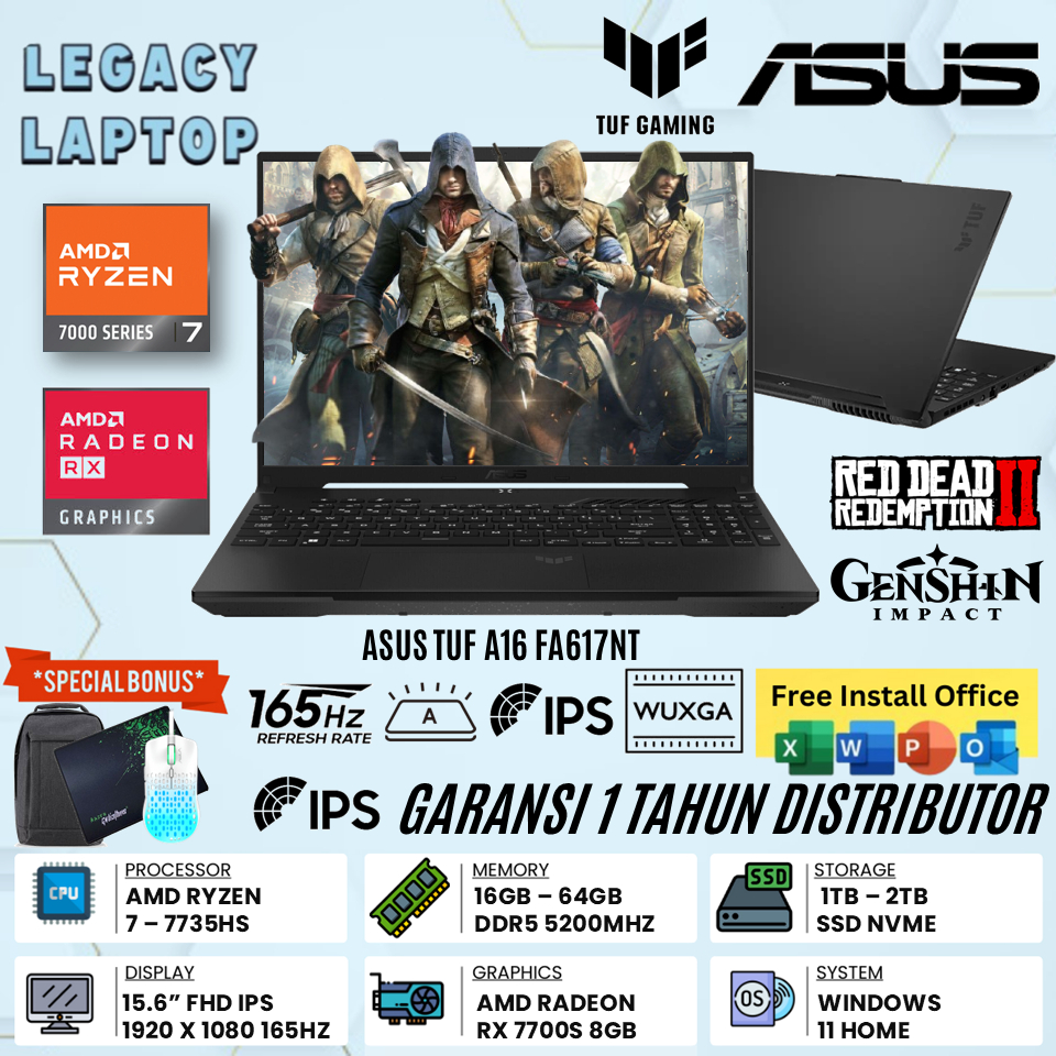 Laptop ASUS TUF Gaming A16 FA617NT Ryzen 7 7735HS Ram 64GB DDR5 1TB Ssd RX7700S 8GB WUXGA 165Hz Win1