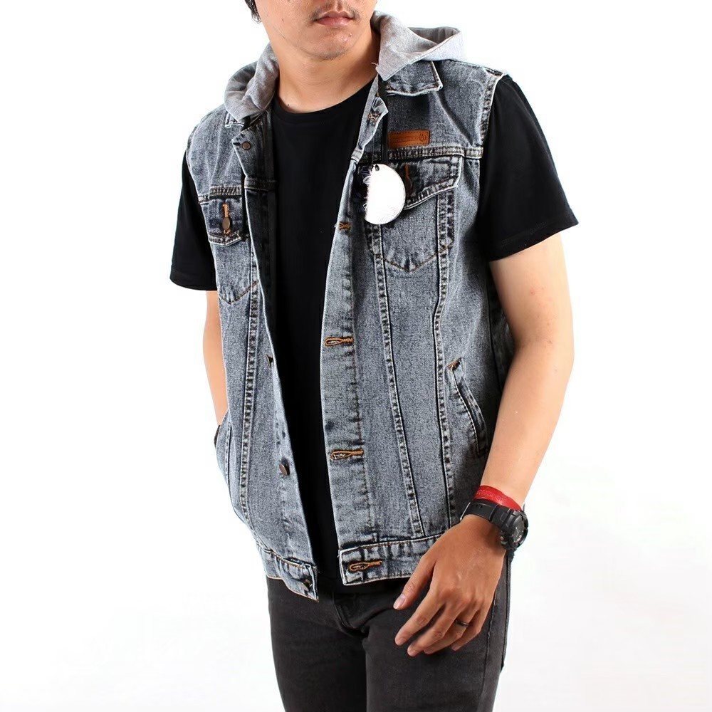 Jaket pria keren jeans rompi denim hoodie berkupluk - Big Size Premium denim Higt Quality