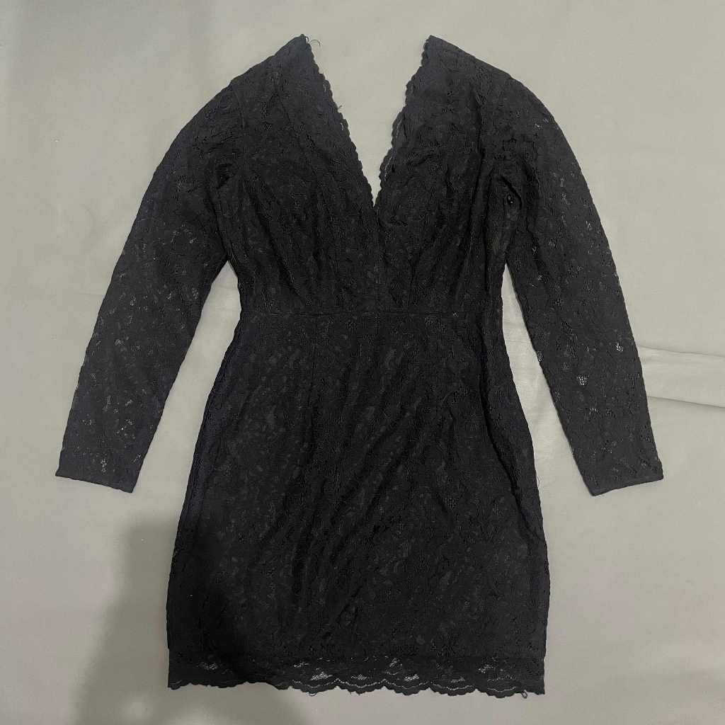DEWASA C025 (HNM ORI, PRELOVED) Dress Mini Tunik Katbol Brokat Brukat Sexy Tangan Panjang V Neck Pre
