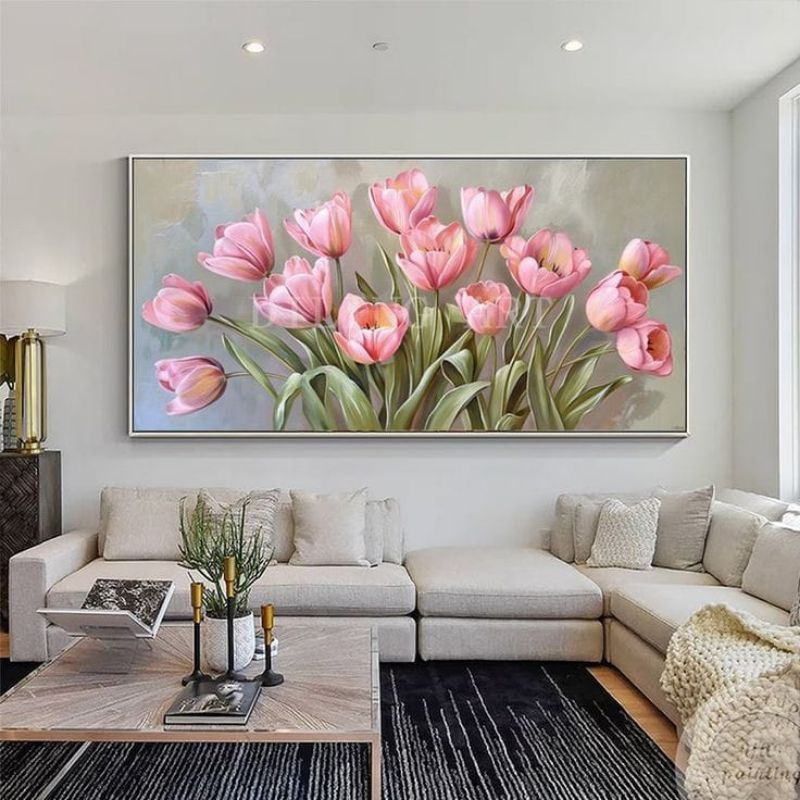 Lukisan Kanvas Minimalis Bunga Tulip Pink Hiasan Dinding