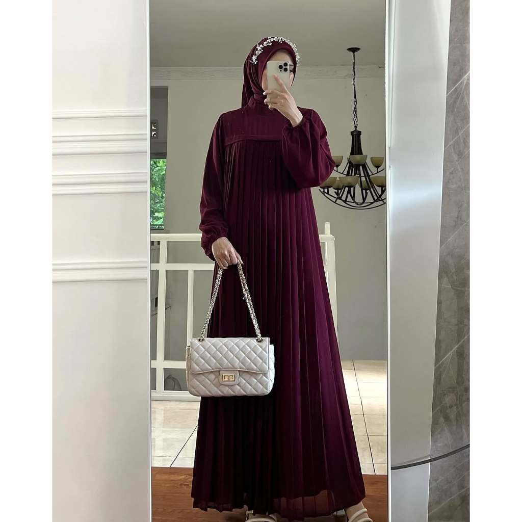 Nadia dress Terbaru 2025 Bahan Ceruty Babydol Full Furing Variasi Plisket Gamis Wanita Remaja Simple