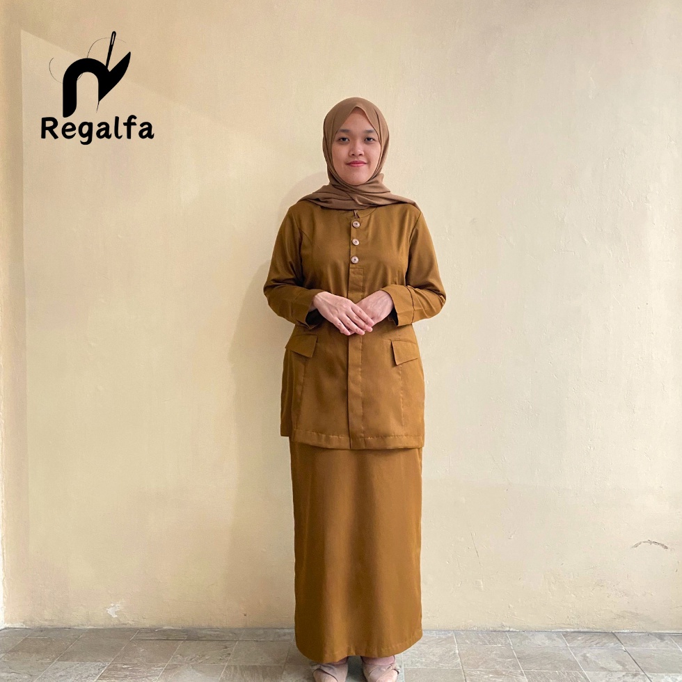 KODE R46G Setelan Baju Seragam PDH Khaki Tua PEMDA PNS Wanita Terbaru Model Saku Bawah Terbaru 224