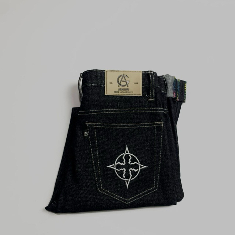 Celana Denim Selvedge 14 oz Kaku Accent Black Indigo Art Seawaves Raw Denim