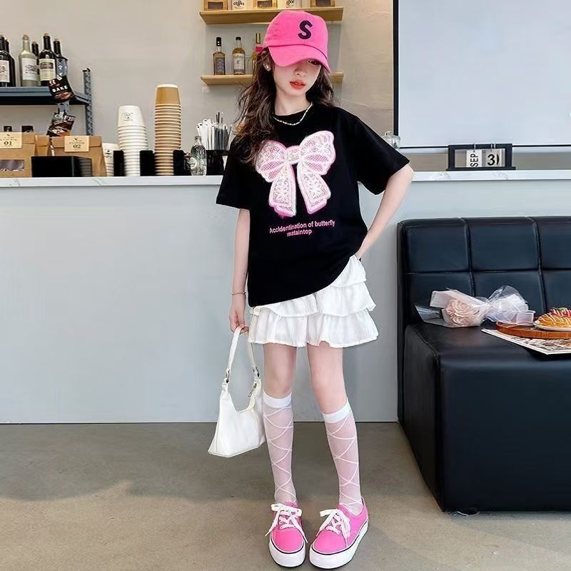 Girls Summer Suit  New Style Baby Girl Fashionable Sequin Butterfly T-shirt Short-sleeved Top Two-pi