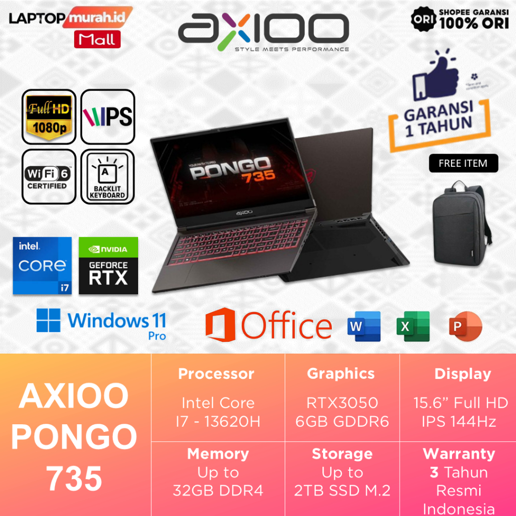 Laptop Axioo Pongo RTX3050 6GB i7-13620H 32GB 2TB 15.6" FHD 144Hz Windows 11 Pro - Axioo Pongo 735