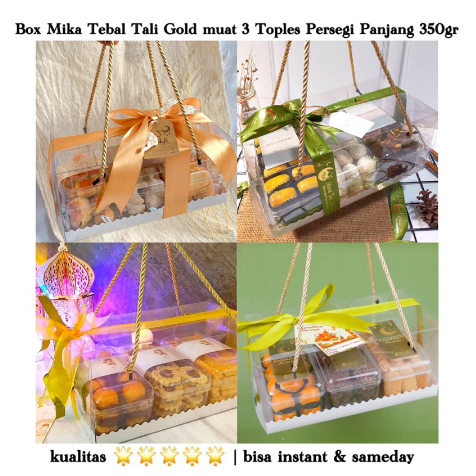 Box Hampers Mika Mewah Tali muat 3 Toples Persegi Panjang 350gr Kotak Hampers Toples Kue Kering