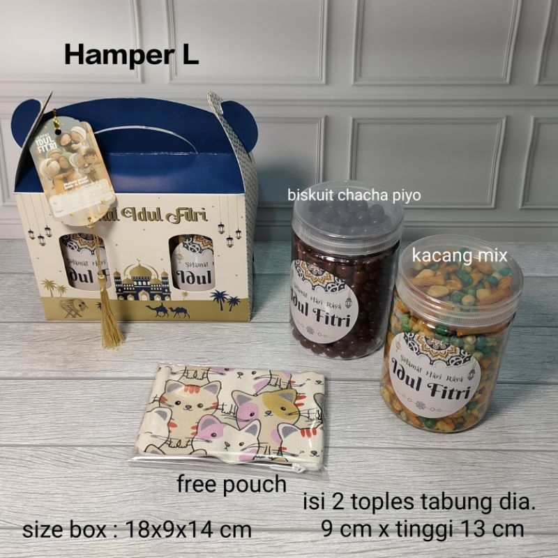 

Hamper Idul Fitri Box L isi 2 toples free kartu mini dan pouch
