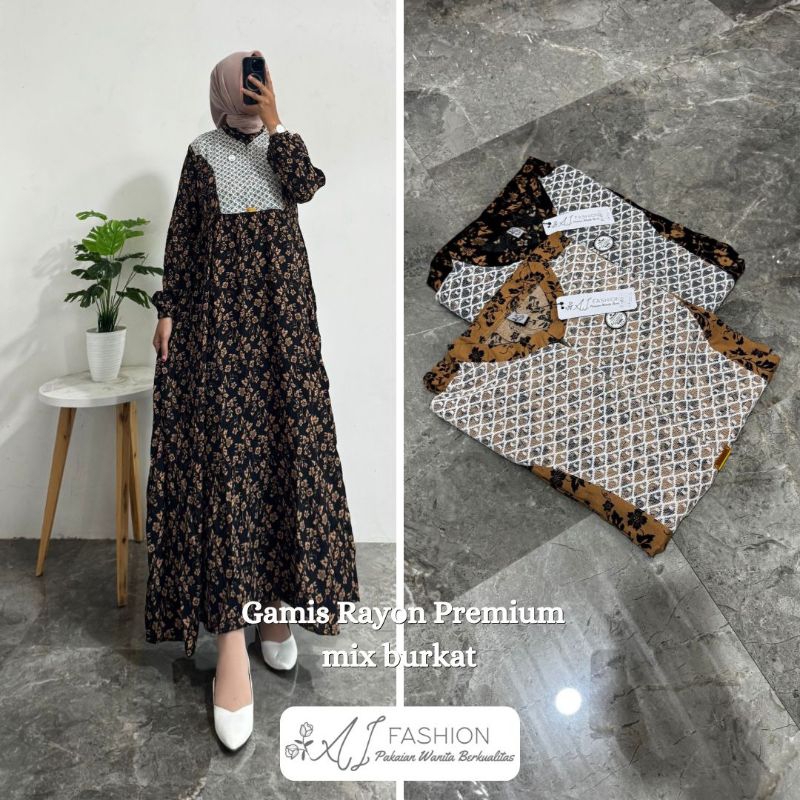 Gamis Rempel mix brukat rayon premium bahan adem halus dress wanita motif bunga