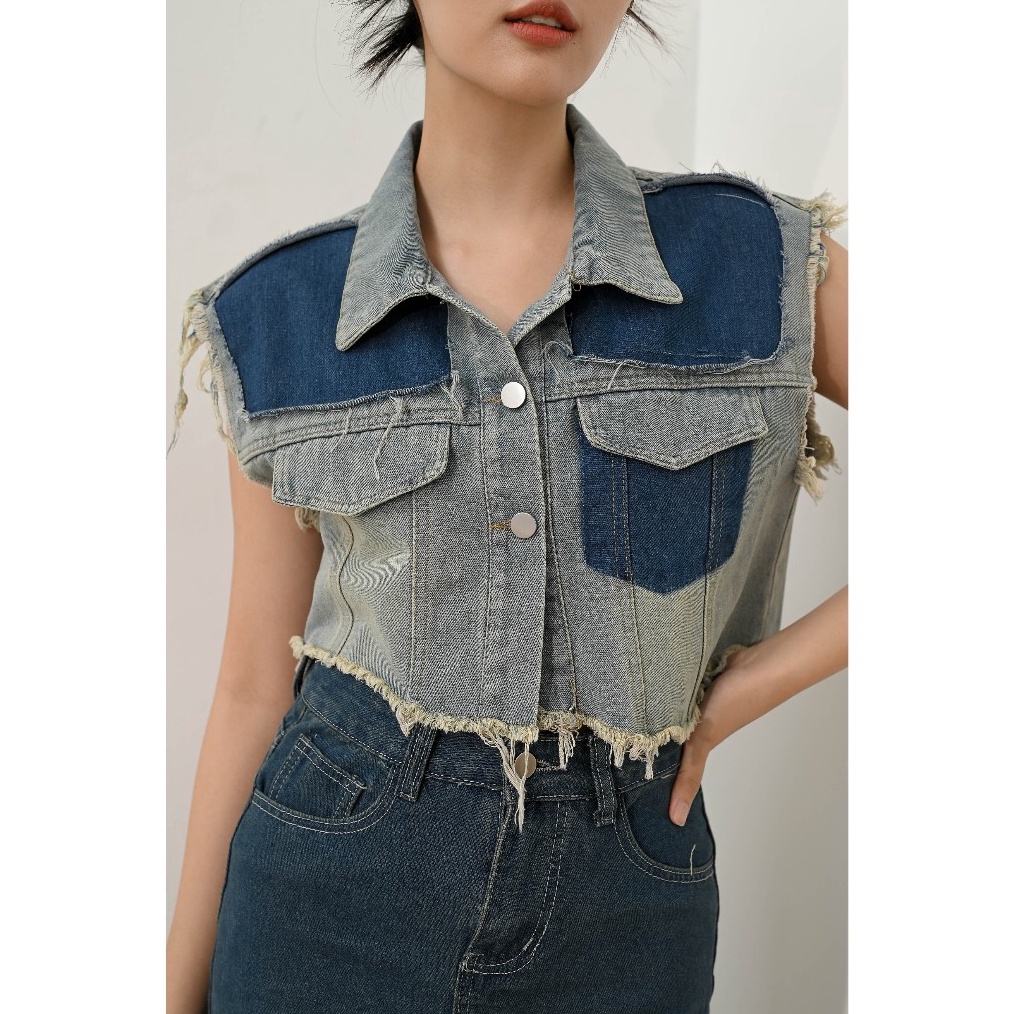KODE W86C Lena Ripped Crop Vest Denim RESTOCK