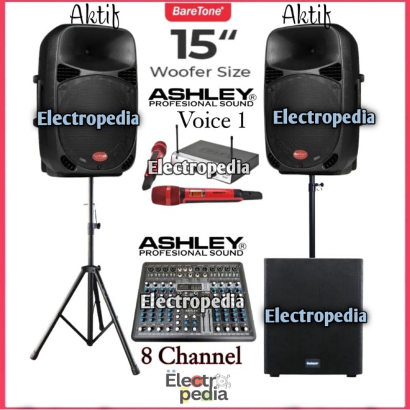 Paket Sound System Speaker Aktif 15inch Baretone 15MB Subwoofer Betavo Mixer Ashley 8ch Mic Wireless