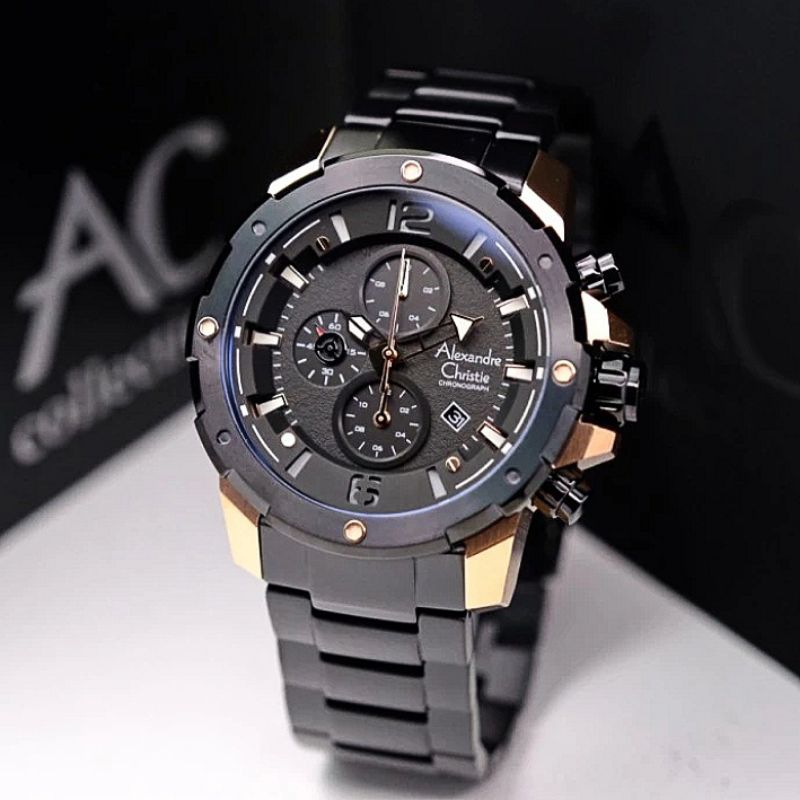 jam tangan pria alexander cristie original ac6410 black rose gold