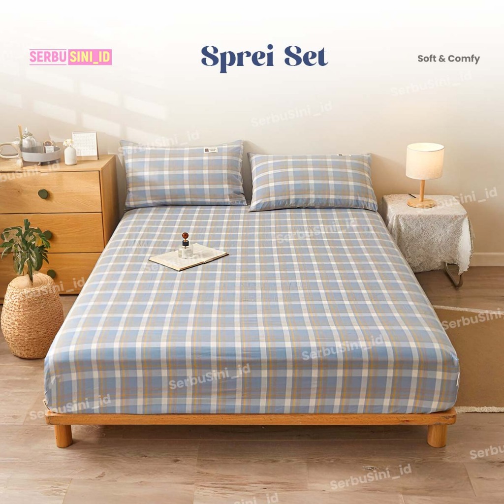 Serbu Sini Sprei Set Bantal Guling Ukuran 120x200cm Sprei Set Motif Kotak Korea Kasur Nomor 3