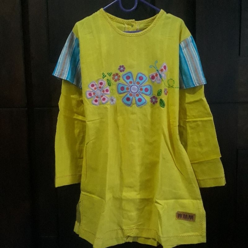 Setelan Baju Muslim Anak Rok Jilbab Kuning Biru