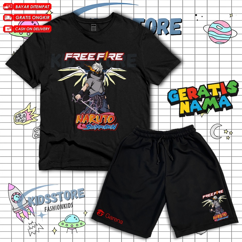 (BISA COD) Setelan Anak Kaos Celana Pendek Anak FF FREE FIRE X NARUTO SASUKE Free Nama / Set Kaos Ce