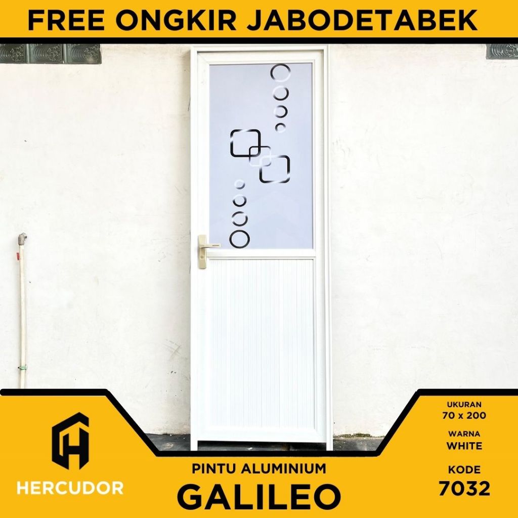 Pintu Kamar Mandi Aluminium 70x200 Galileo 1/2 Kaca Cermin-Super White