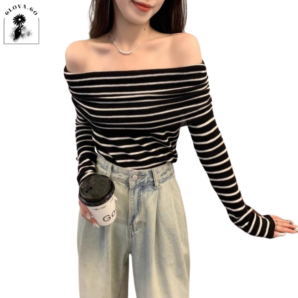 CLOVA BJ532 Baju Off Shoulder Atasan Sabrina Motif Garis-Garis Lengan Panjang Long Sleeve Knit