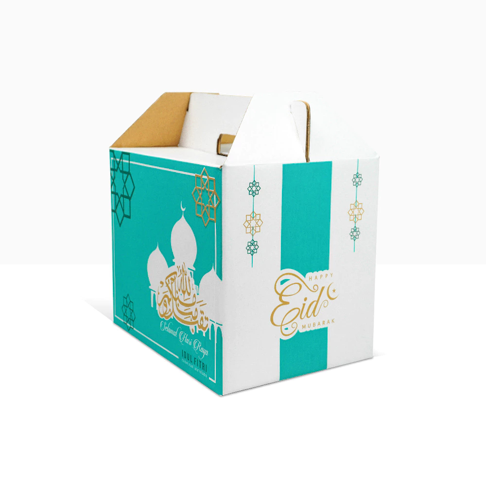 

( 10 Pcs )Kardus Box Tenteng Murah Bahan Kokoh Tebal Edisi Lebaran Eid Mubarok Warna Tosca Ukuran 34x25x25 Cm
