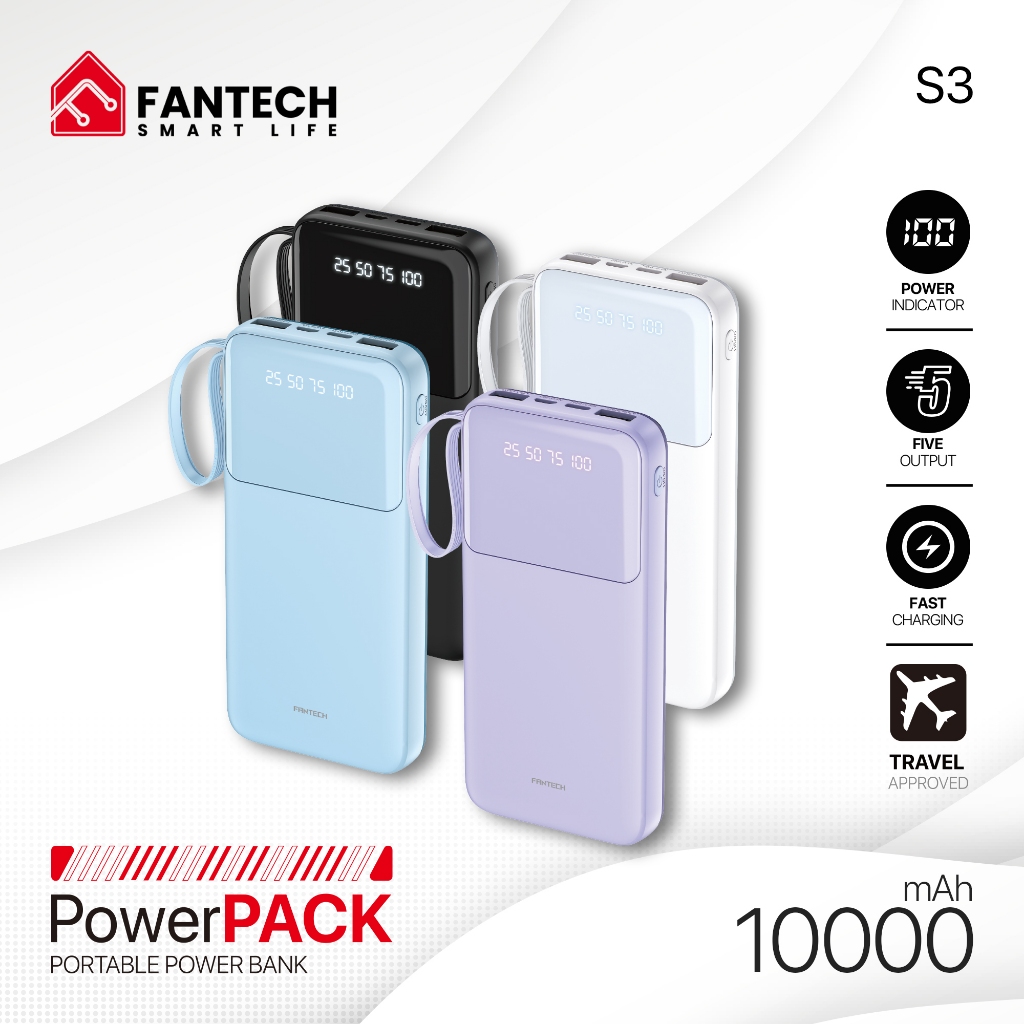 Fantech S3 Powerpack 10000 mAh Powerbank Fast Charging Mini LCD with Kabel Data Type C  Micro USB Li