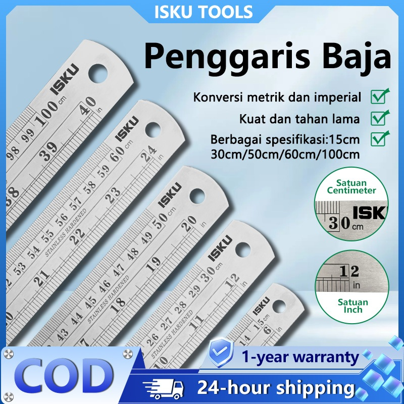 

ISKU Penggaris Besi 15/30/50/60/100cm Stainless Steel/Skala Dua Sisi Ruler
