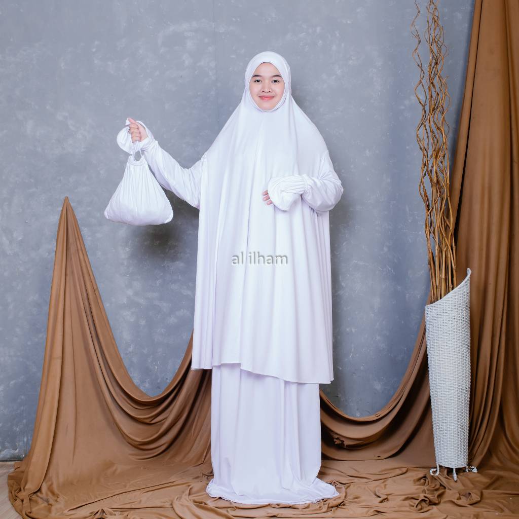 Mukena Dewasa Umrah Setelan Berlengan Menutup Dagu Jersey Premium Syar’i Aisyah Series Gamis Putih G