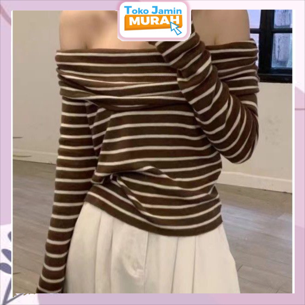 TJM BJ532 Baju Off Shoulder Atasan Sabrina Motif Garis-Garis Lengan Panjang Long Sleeve Knit