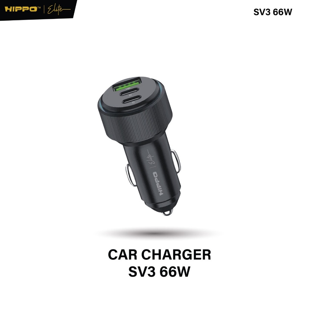Hippo Elite CAR Charger SV3 66W Total Output - BLACK Triple 3 Ports (2 USB-C Ports & 1 USB-A Port)