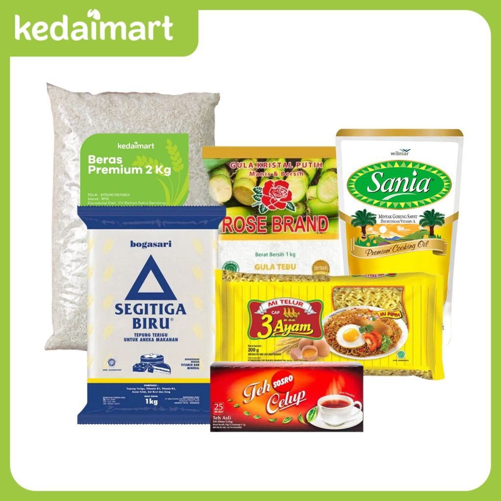 

Sembako Spesial J (Beras, Gula, Mie Instan, Minyak Goreng, Teh, Tepung Terigu)