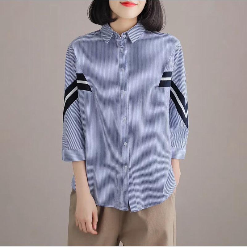 Atasan kemeja Three M 7845 sammie striped shirt wanita model kemeja salur fashionable