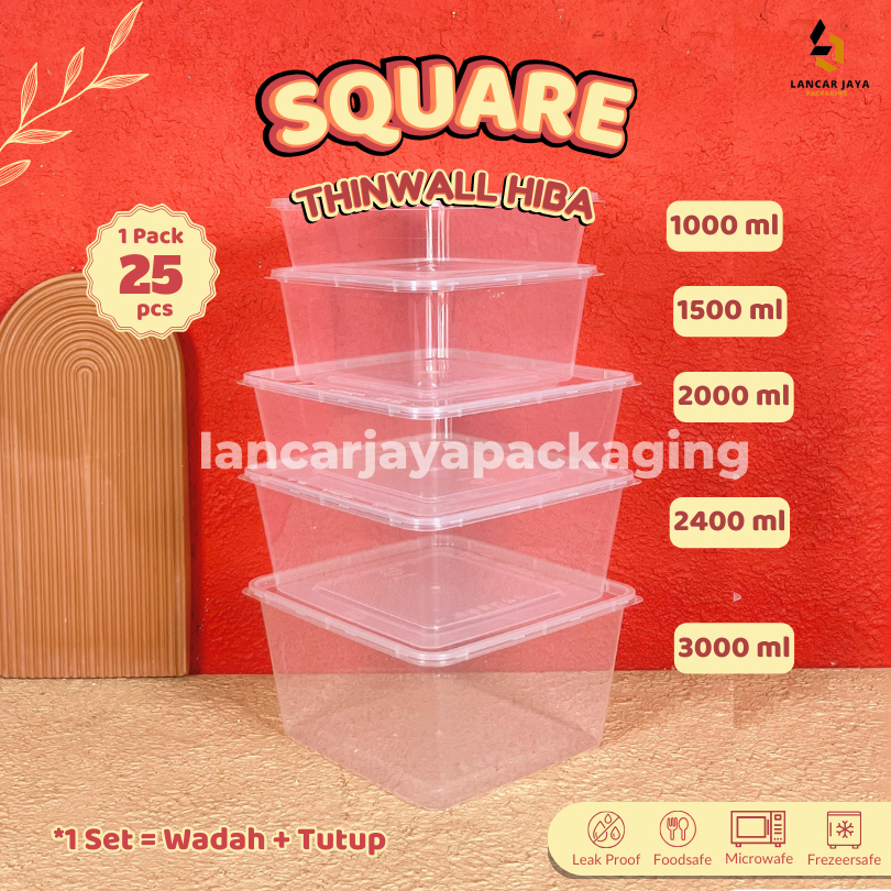 HIBA Thinwall Square Kotak Makan Plastik Persegi Wadah Nasi Berkat Kue 1000 1500 2000 2400 3000 ml