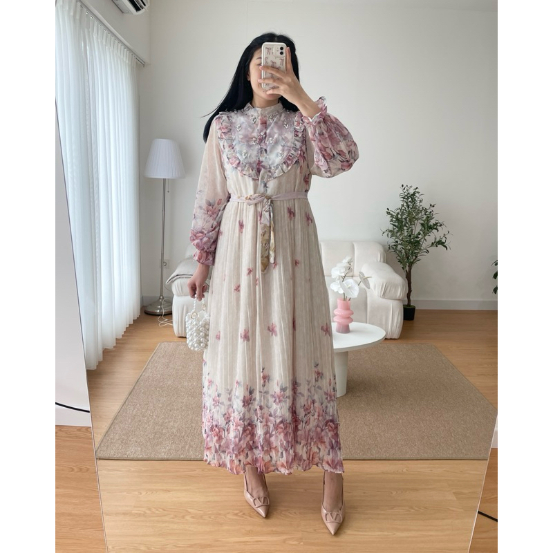 ESKA - Cleo Gamis Dress Terusan Maxi Wanita Pleated Plisket Motif Bunga Lengan Balon Mewah Terbaru L