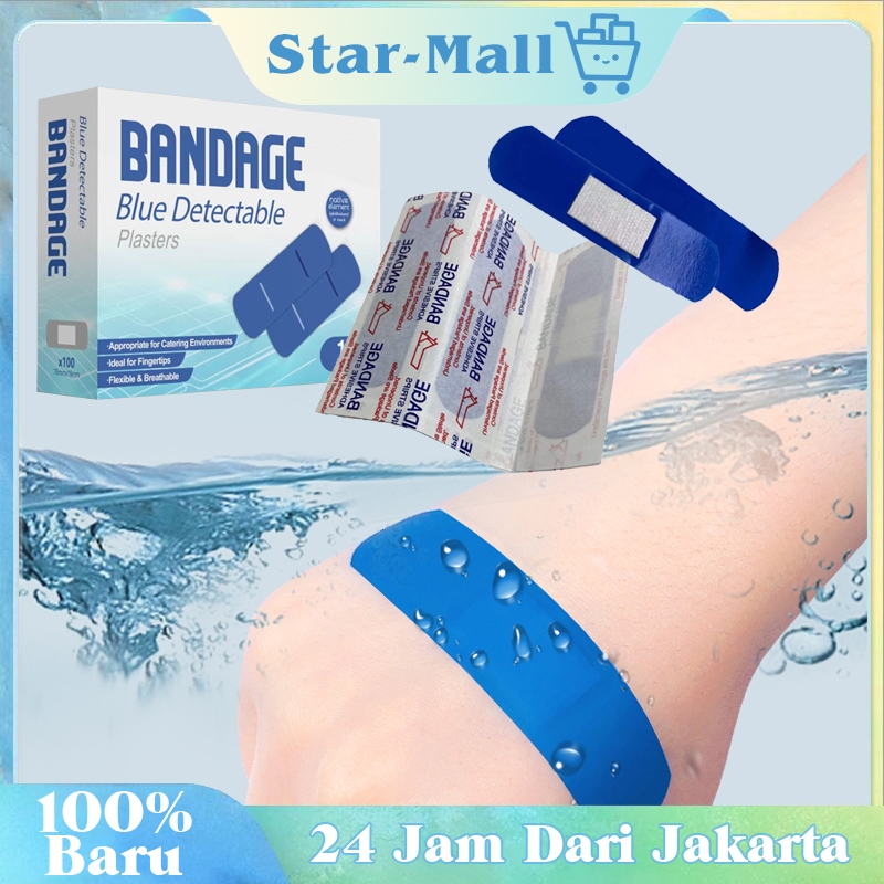 100Pcs Band Aid Blue Metal Perban Anti Air Luka Penutup Luka Anti Air Perban Mandi