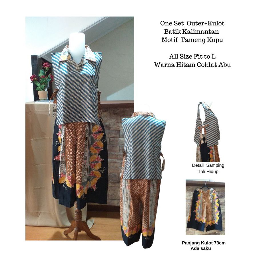 One Set ,Outer dan Kulot Panjang Batik Kalimantan Motif Tameng Kupu Warna Coklat ,Abu abu All size F