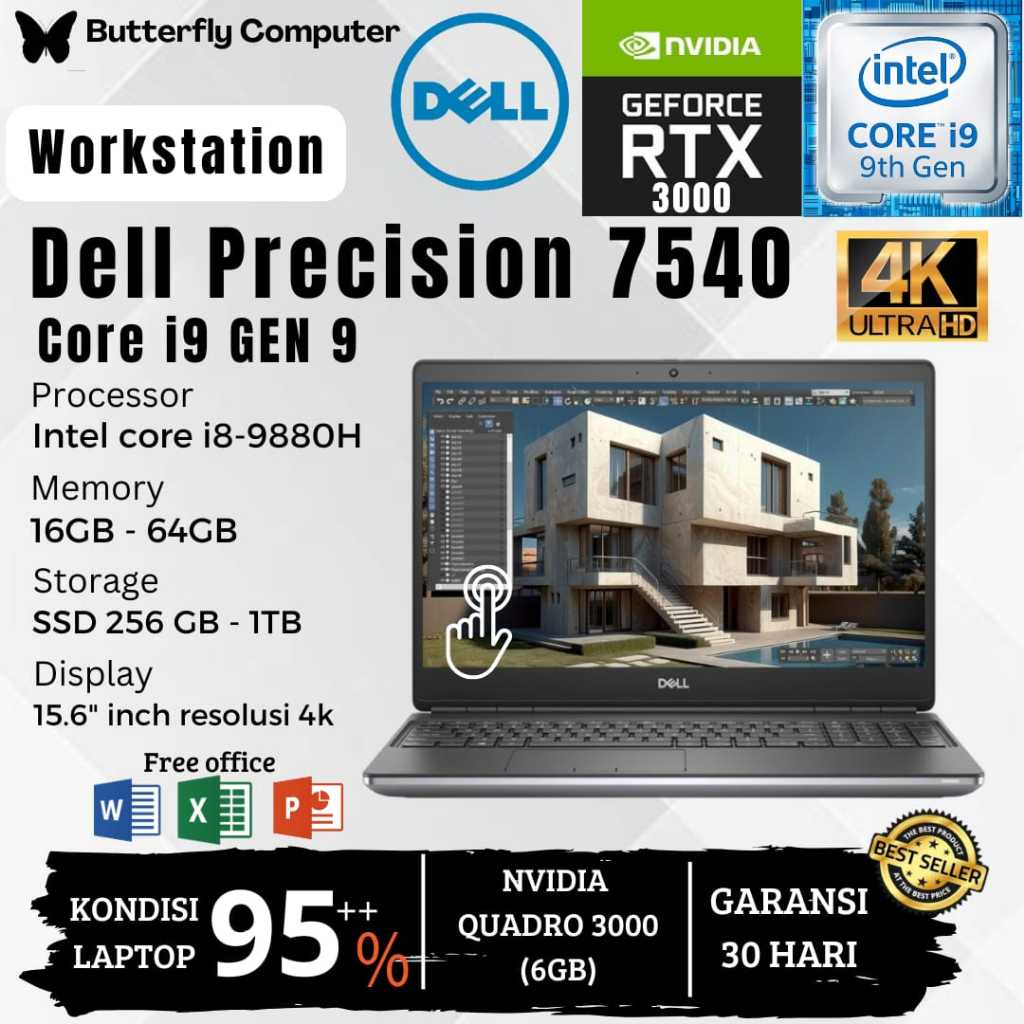 Laptop Dell precision 7540 WORKSTATION core i9 Gen 9 - RAM 64 GB SSD 1 TB - NVIDIA RTX 3000 6GB - RE