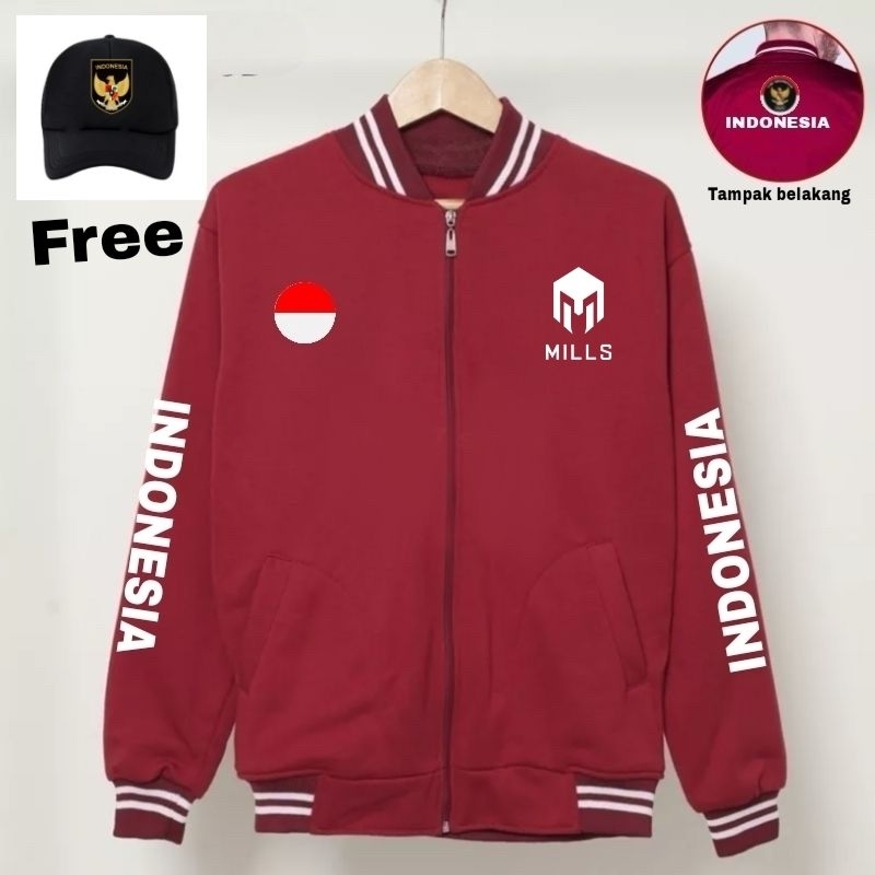 Jaket varsity cotton fleece tebal dapat topi.logo MILLS INDONESIA