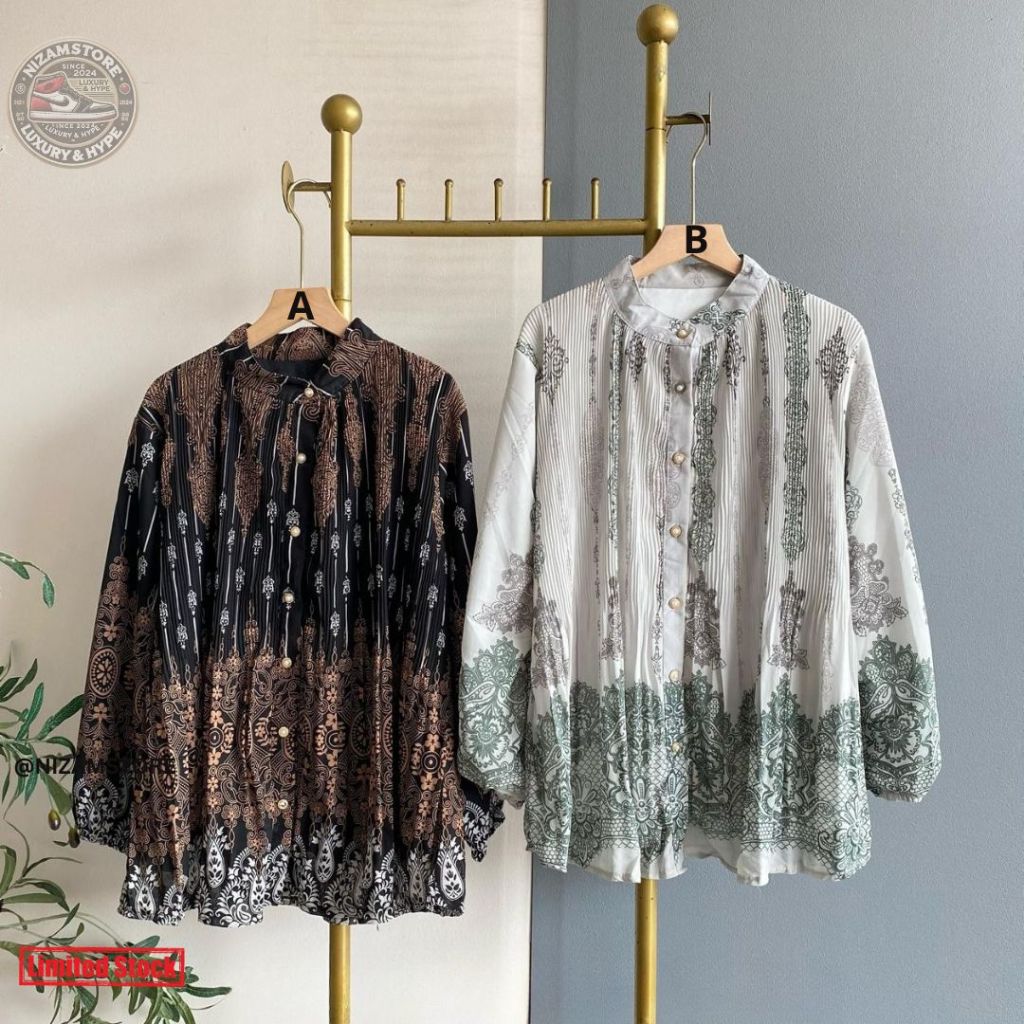 Blouse Ceruti wanita Plisket Motif Etnik – Elegan dengan Furing
