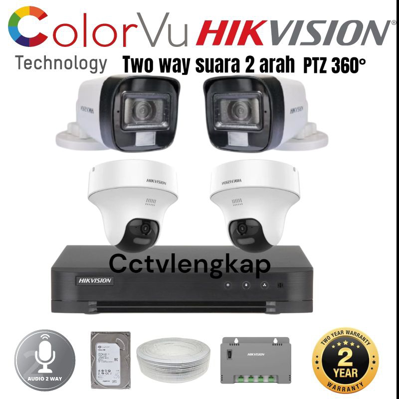 PAKET CCTV HIKVISION 4 CHANNEL 4 CAMERA COLORVU 2 WAY SUARA 2 ARAH