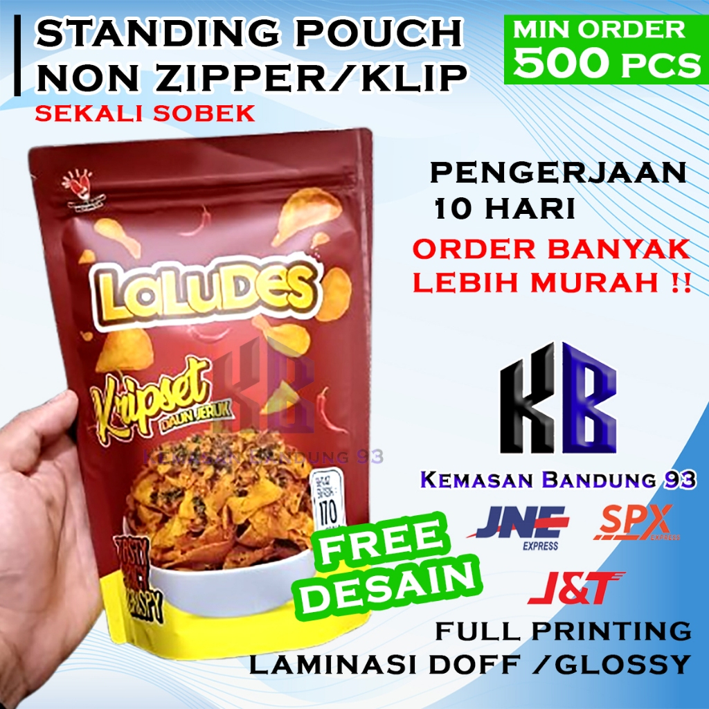 Cetak Kemasan Standing Pouch Custom Min Order 500 Pcs Non Ziplock/Non klip Full Printing Plastik Mak