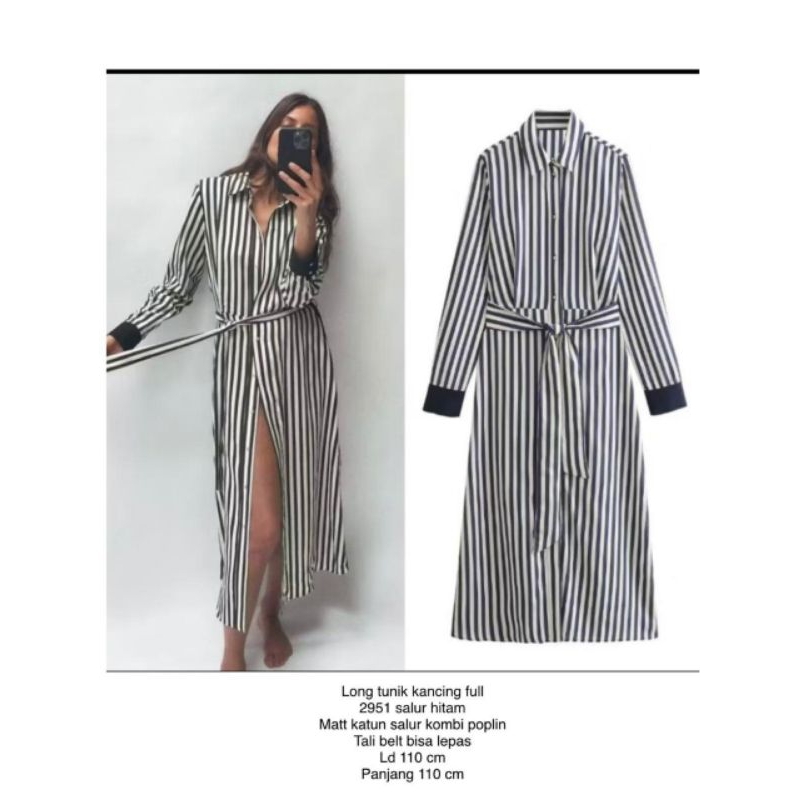 Long Dress Salur 2951 - Tunik Kancing Full, Panjang 110 cm, Matt Katun Salur Kombi Poplin - Midi, Wa