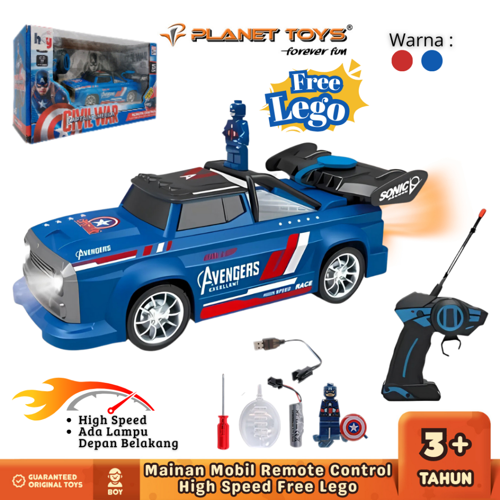 Planet Toys - Mainan Mobil RC Avengers Civil War High Speed Spray Asap LED Gratis Karakter Lego