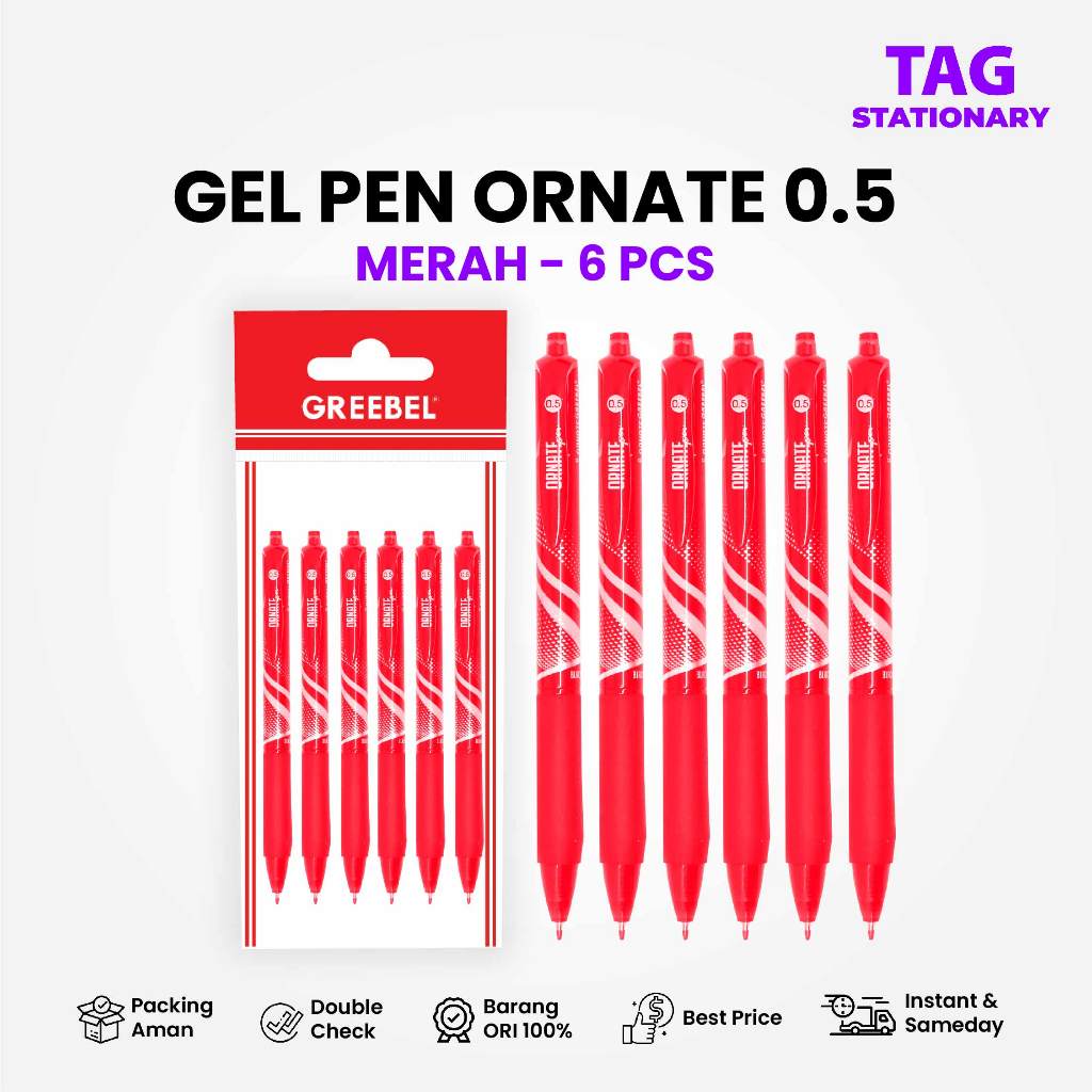 

GREEBEL PULPEN GEL / Gel Pen Ornate GP-505 0.5 Merah (6PCS/SET) / Ballpen Gel Bolpen Bolpoin Cetek
