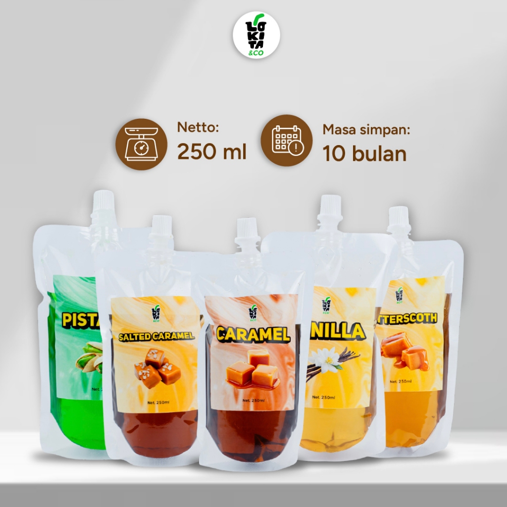 

Gourmet Syrup Collection Lokita Netto 250g Varian Sea Salt Caramel Syrup dan Lainnya Rasa Autentik Untuk Minuman dan Dessert