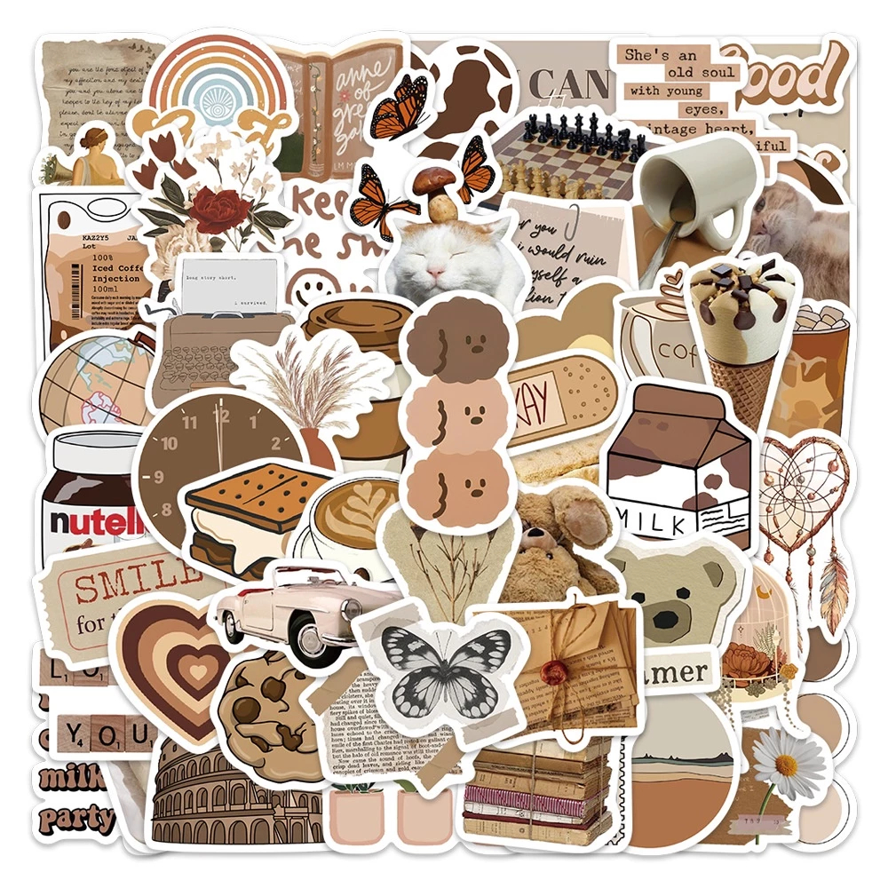 

60pcs stiker Gaya ins coklat stiker lengket cocok untuk laptop skateboard casing ponsel helm dan dekorasi stickers lainnya